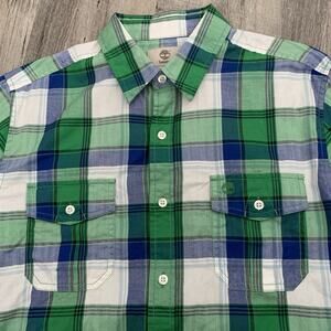 TIMBERLAND Shirt Men Medium Green Plaid Button Up 100% Cotton Pockets Button-Tab